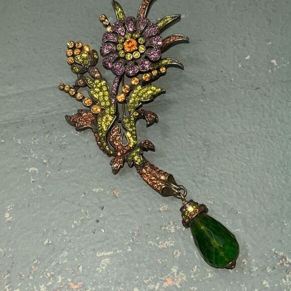 Heidi Daus large brooch pin purple/green flower hanging/dangle bead Swarovski - Picture 7 of 8
